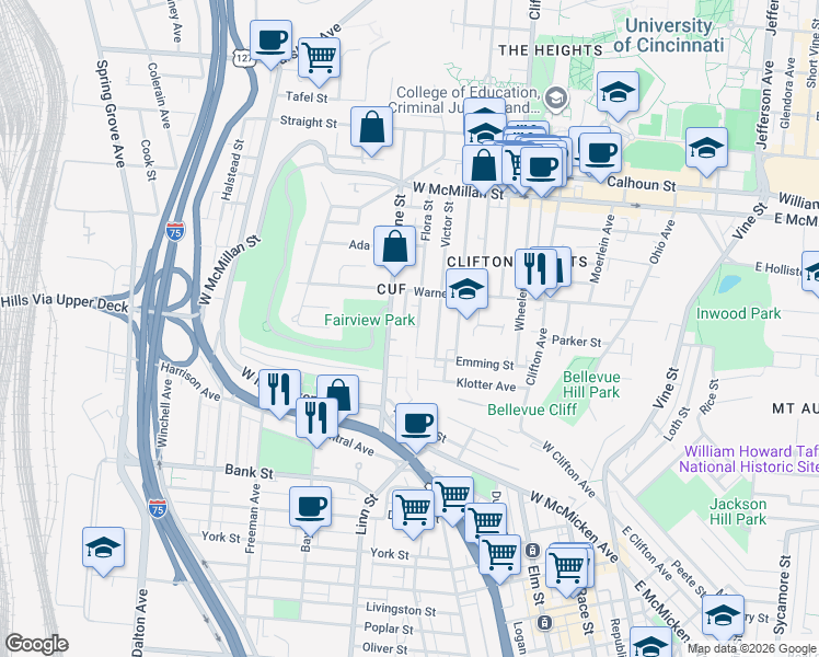 map of restaurants, bars, coffee shops, grocery stores, and more near 2249 Flora Street in Cincinnati