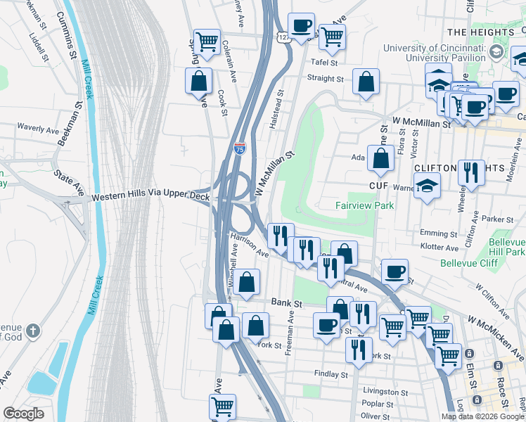 map of restaurants, bars, coffee shops, grocery stores, and more near 2341 West McMicken Avenue in Cincinnati