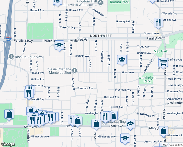 map of restaurants, bars, coffee shops, grocery stores, and more near 1831 North 30 Street in Kansas City
