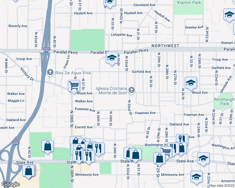 map of restaurants, bars, coffee shops, grocery stores, and more near 1829 North 33 Street in Kansas City