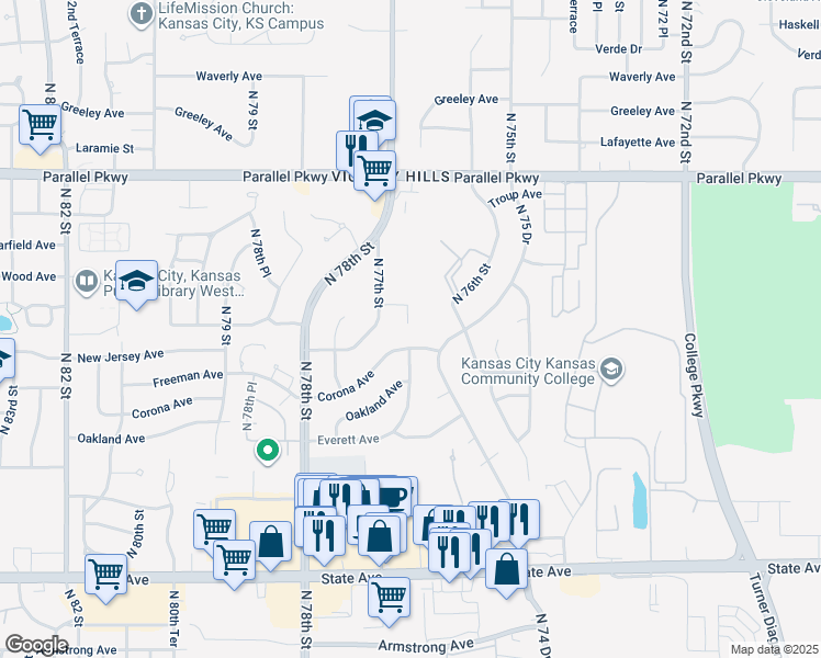 map of restaurants, bars, coffee shops, grocery stores, and more near 1717 North 76th Terrace in Kansas City