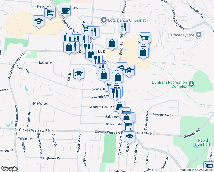 map of restaurants, bars, coffee shops, grocery stores, and more near 5213 Glenway Avenue in Cincinnati