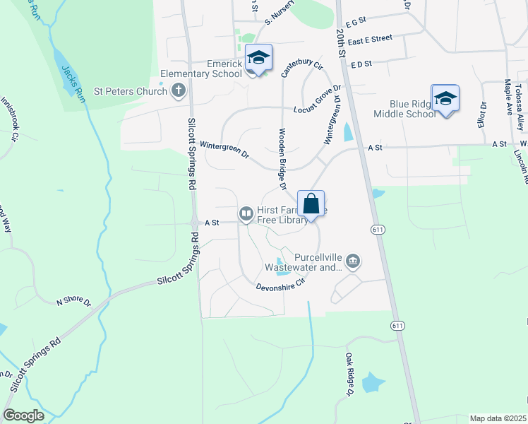 map of restaurants, bars, coffee shops, grocery stores, and more near 320 Bill Brower Court in Purcellville