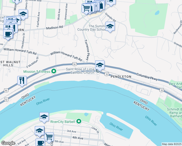 map of restaurants, bars, coffee shops, grocery stores, and more near 2467 Riverside Drive in Cincinnati