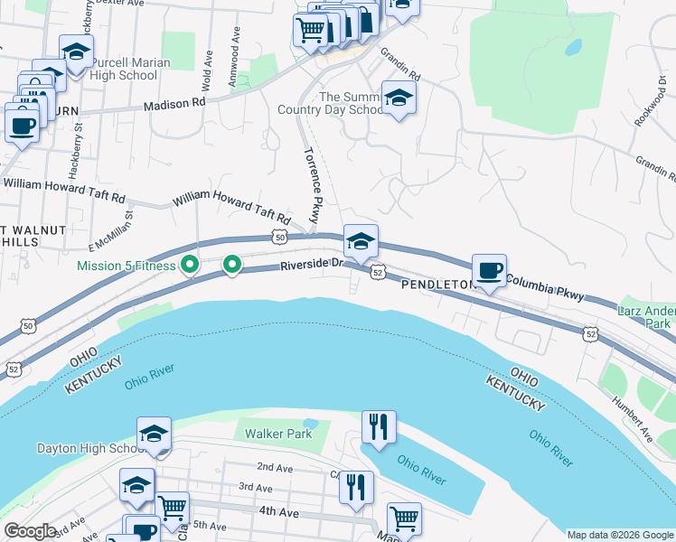 map of restaurants, bars, coffee shops, grocery stores, and more near 2482 Riverside Drive in Cincinnati