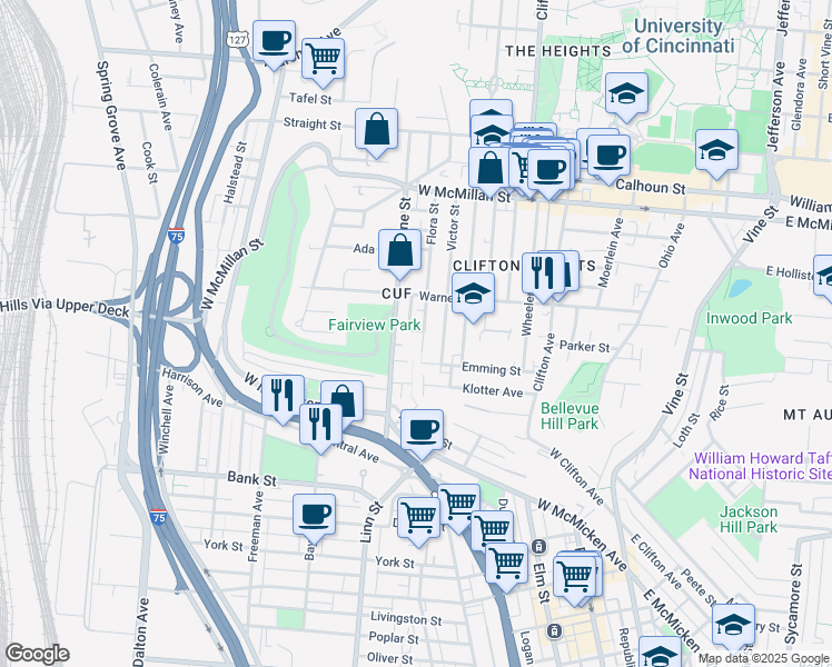 map of restaurants, bars, coffee shops, grocery stores, and more near 2249 Flora Street in Cincinnati