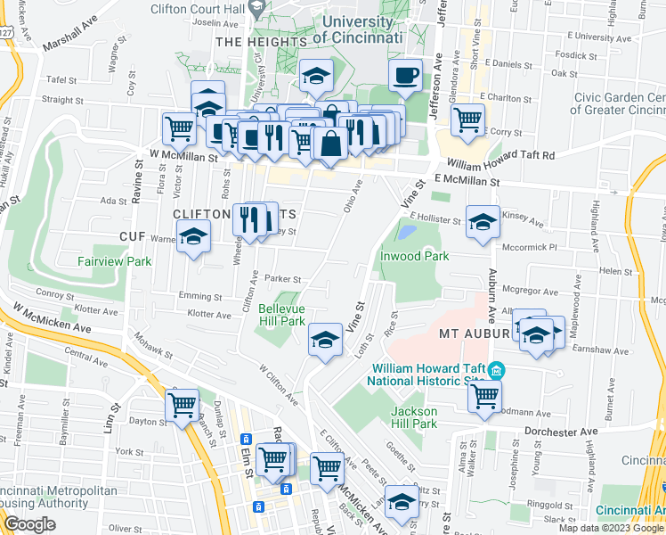map of restaurants, bars, coffee shops, grocery stores, and more near 2330 Ohio Avenue in Cincinnati