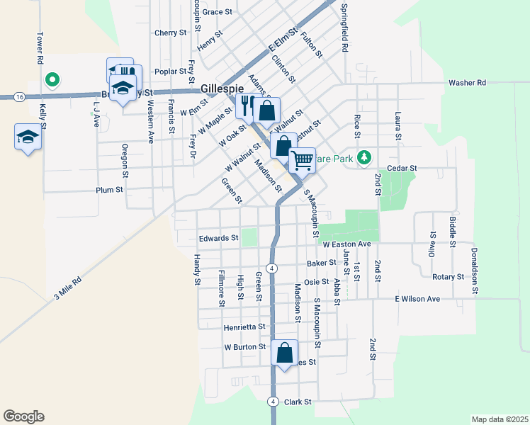 map of restaurants, bars, coffee shops, grocery stores, and more near 307 South Street in Gillespie