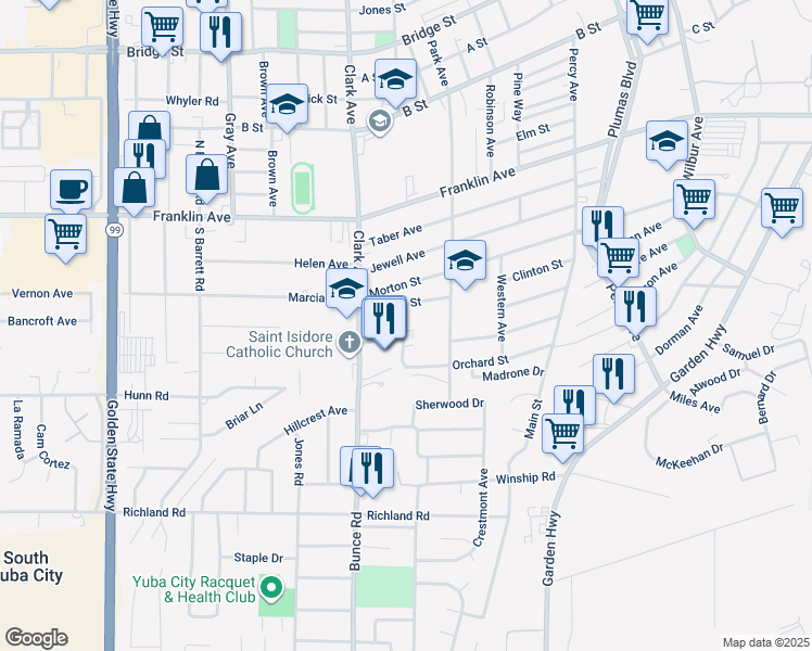 map of restaurants, bars, coffee shops, grocery stores, and more near 251 Julie Drive in Yuba City