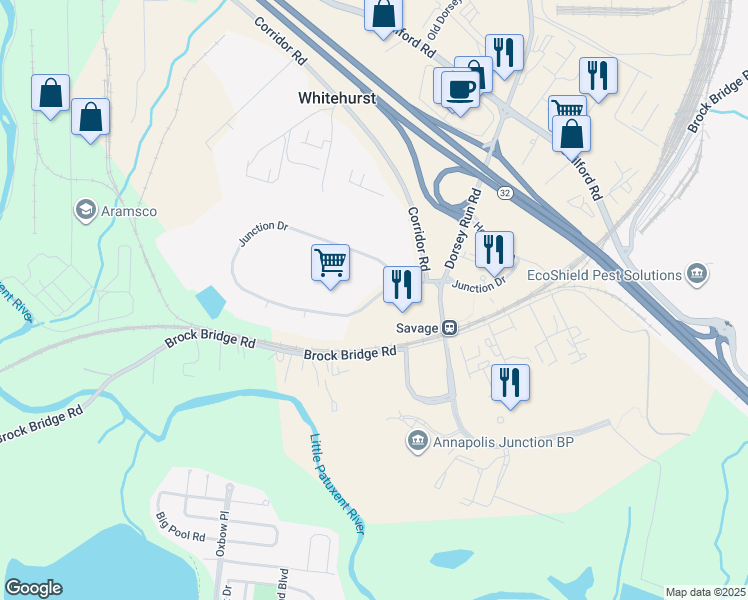 map of restaurants, bars, coffee shops, grocery stores, and more near 9095 Junction Drive in Howard County