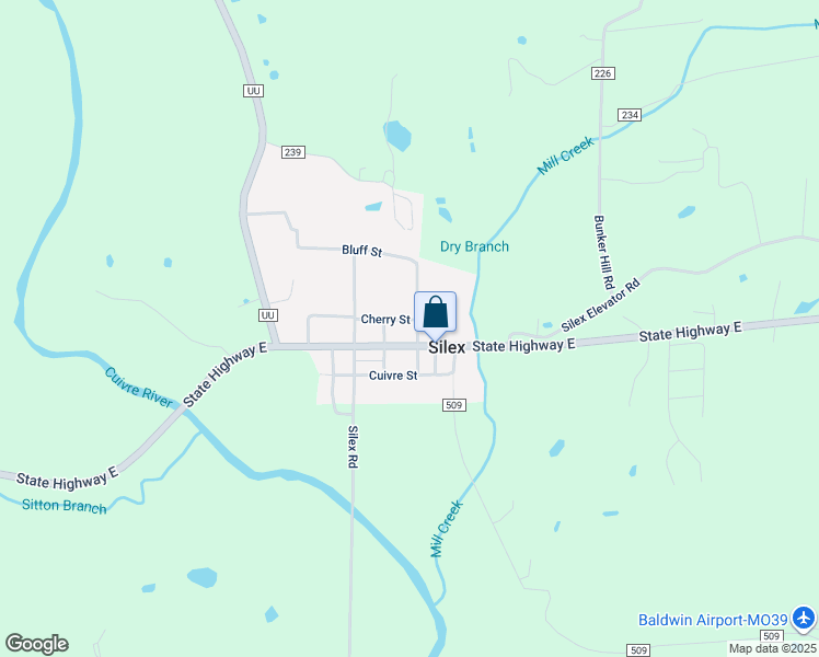 map of restaurants, bars, coffee shops, grocery stores, and more near 107 North 2nd Street in Silex