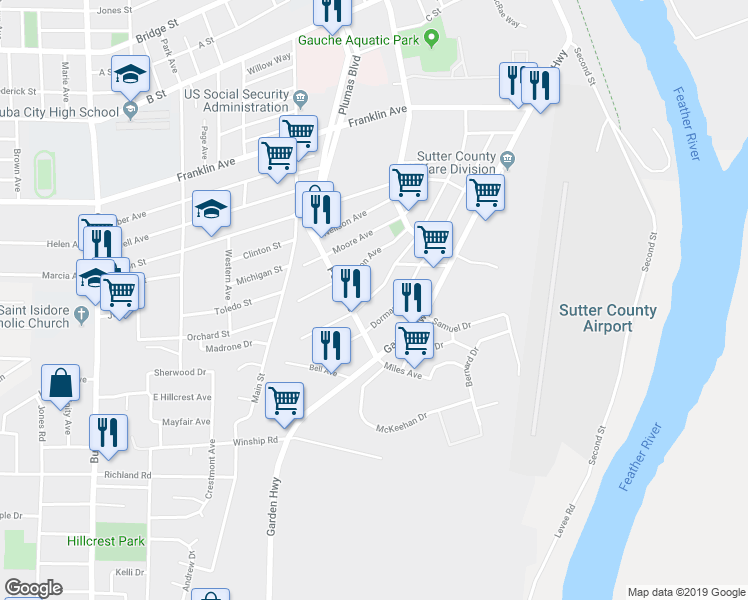 map of restaurants, bars, coffee shops, grocery stores, and more near 372 Woodbridge Avenue in Yuba City