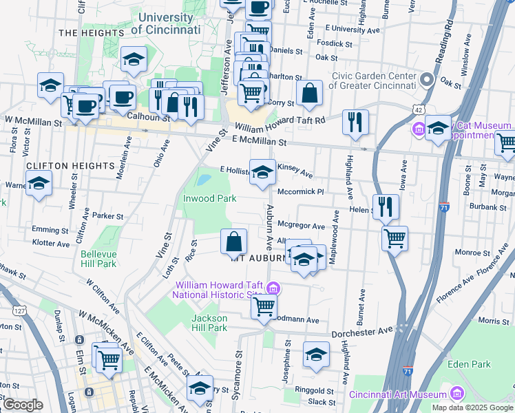 map of restaurants, bars, coffee shops, grocery stores, and more near 141 Wellington Place in Cincinnati