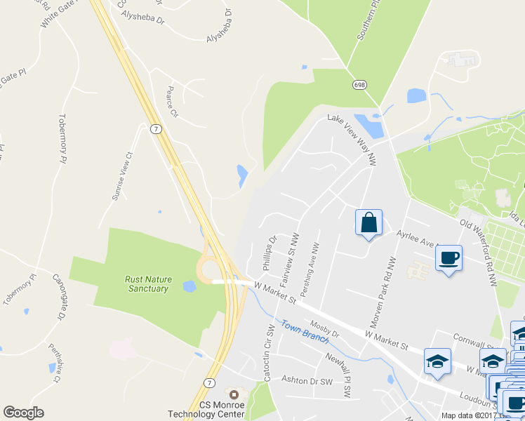 map of restaurants, bars, coffee shops, grocery stores, and more near 115 Rosebrook Court Northwest in Leesburg