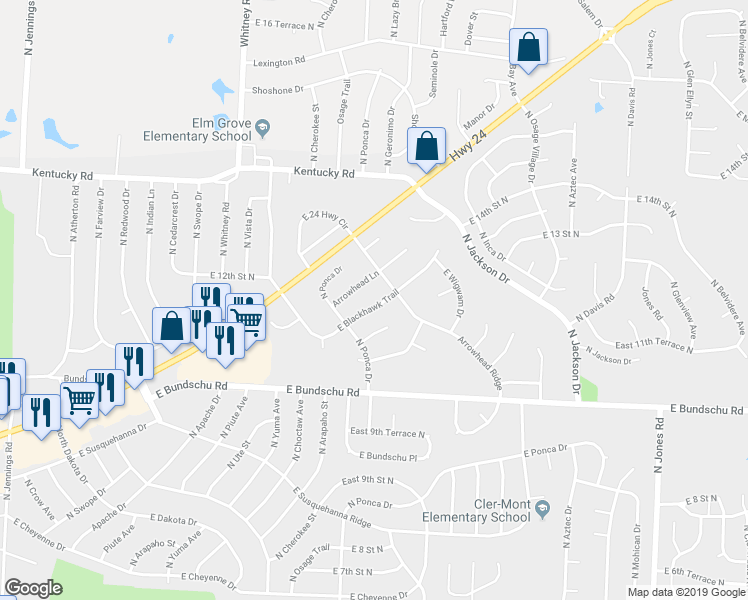 map of restaurants, bars, coffee shops, grocery stores, and more near 18508 East Blackhawk Trail in Independence