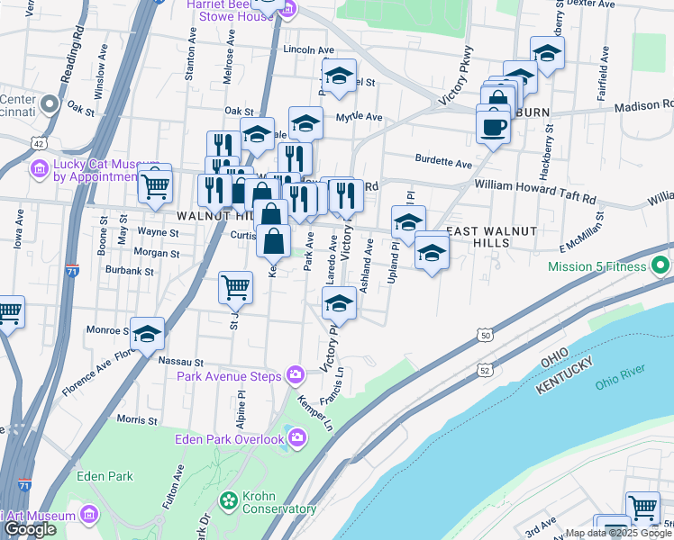 map of restaurants, bars, coffee shops, grocery stores, and more near 2368 Victory Parkway in Cincinnati