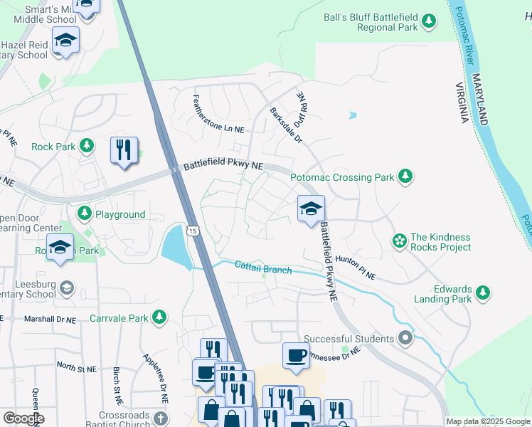 map of restaurants, bars, coffee shops, grocery stores, and more near 905 Smartts Lane Northeast in Leesburg
