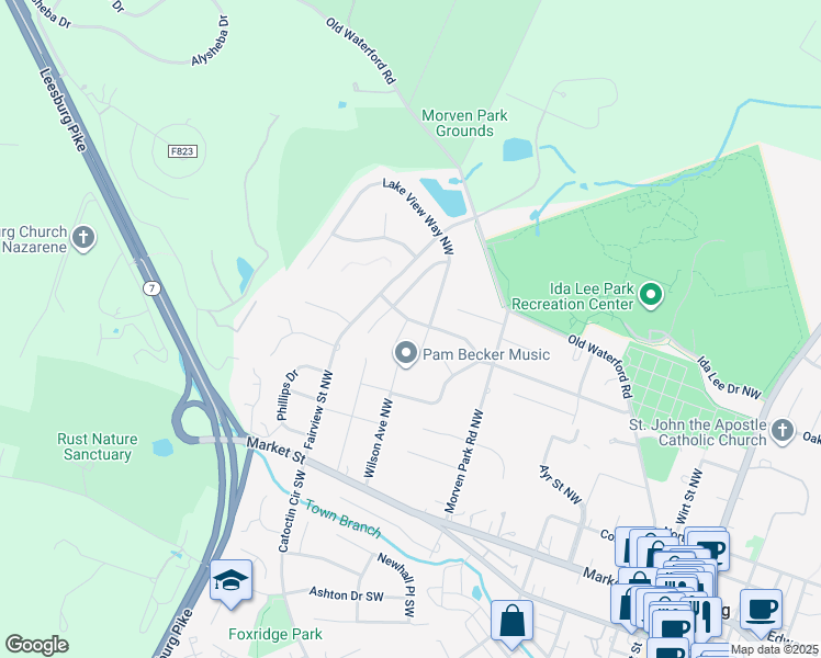 map of restaurants, bars, coffee shops, grocery stores, and more near 101 Exmoor Court Northwest in Leesburg