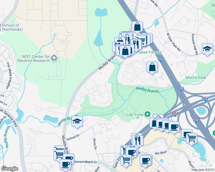 map of restaurants, bars, coffee shops, grocery stores, and more near 513 Coral Reef Drive in Gaithersburg