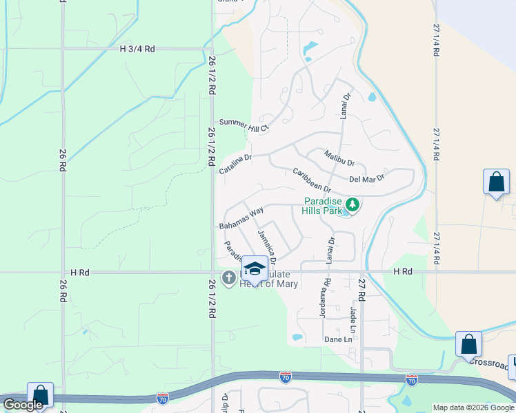 map of restaurants, bars, coffee shops, grocery stores, and more near 2662 Paradise Drive in Grand Junction