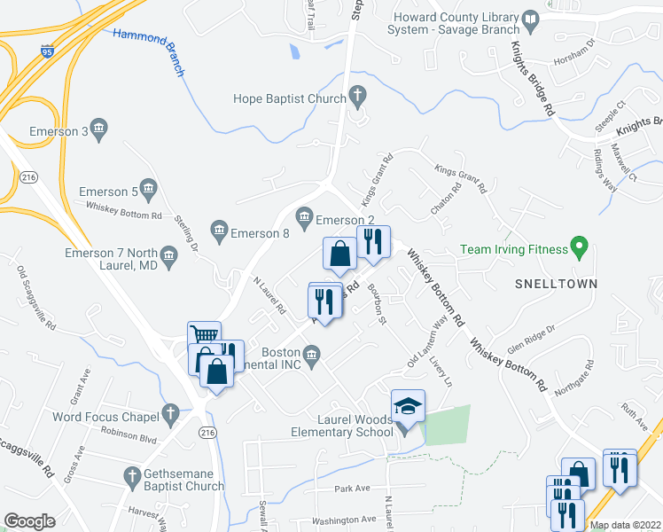 map of restaurants, bars, coffee shops, grocery stores, and more near 9454 Canterbury Riding in Laurel