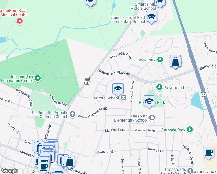 map of restaurants, bars, coffee shops, grocery stores, and more near 221 Whitney Place Northeast in Leesburg