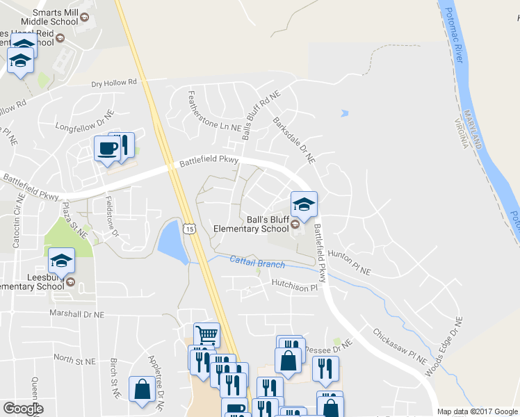map of restaurants, bars, coffee shops, grocery stores, and more near 905 Smartts Lane Northeast in Leesburg