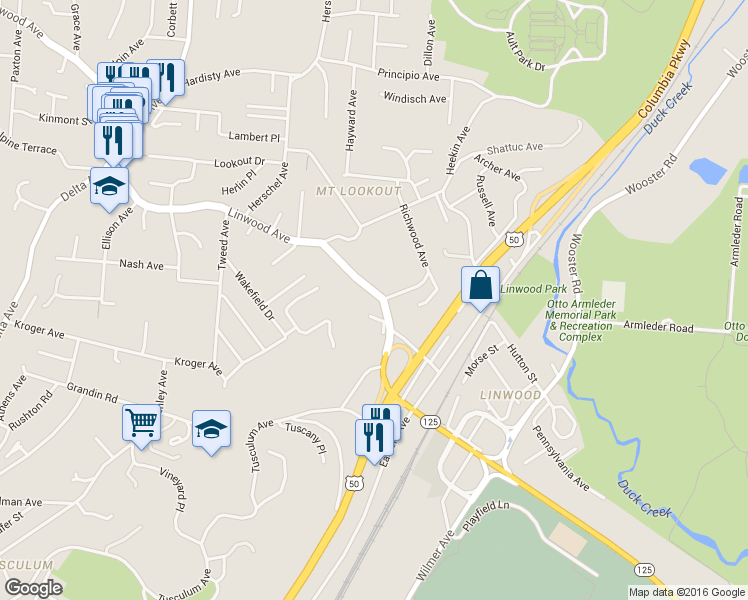 map of restaurants, bars, coffee shops, grocery stores, and more near 3552 Linwood Avenue in Cincinnati