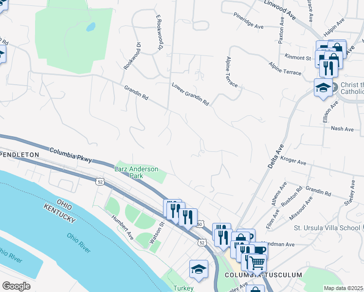 map of restaurants, bars, coffee shops, grocery stores, and more near 2583 Grandin Road in Cincinnati