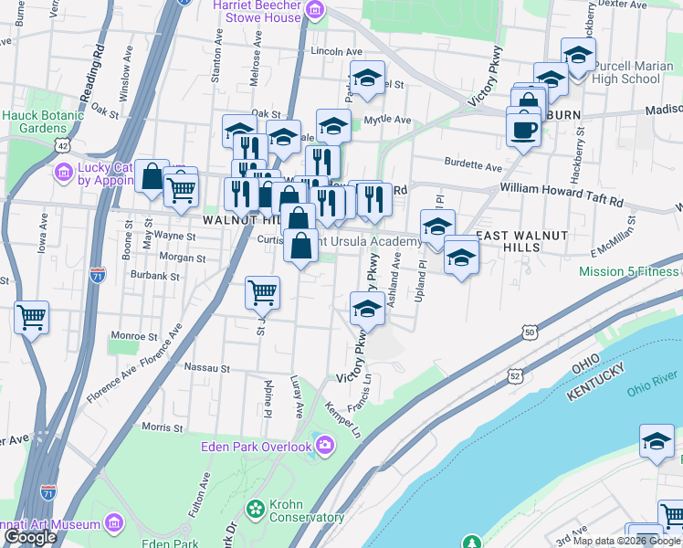map of restaurants, bars, coffee shops, grocery stores, and more near 2355 Park Avenue in Cincinnati