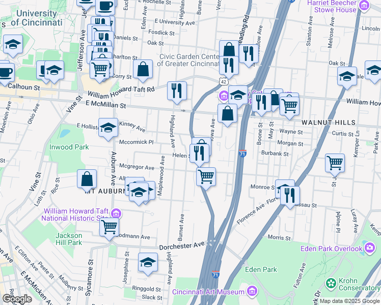 map of restaurants, bars, coffee shops, grocery stores, and more near 2350 Burnet Avenue in Cincinnati