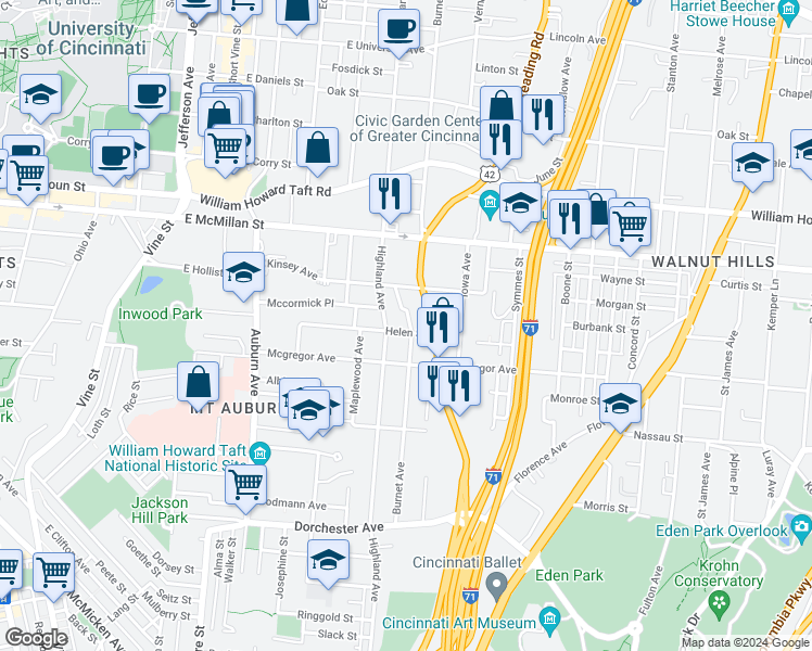 map of restaurants, bars, coffee shops, grocery stores, and more near 2350 Burnet Avenue in Cincinnati