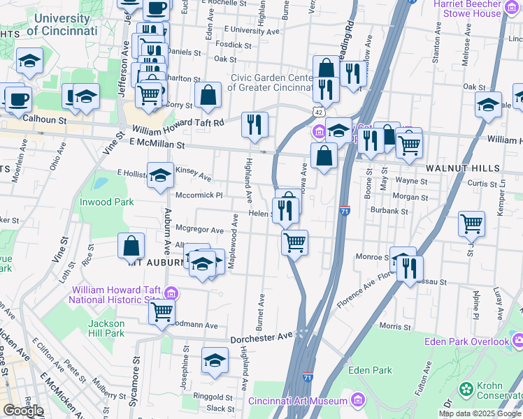 map of restaurants, bars, coffee shops, grocery stores, and more near 2350 Burnet Avenue in Cincinnati