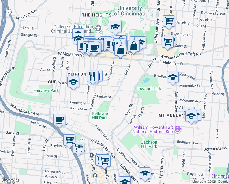 map of restaurants, bars, coffee shops, grocery stores, and more near 137 Warner Street in Cincinnati