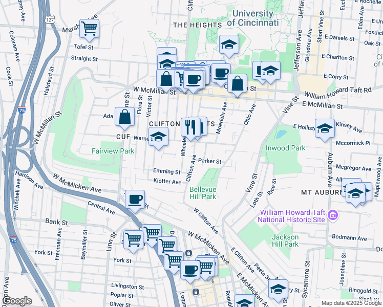 map of restaurants, bars, coffee shops, grocery stores, and more near 2250 Wheeler Street in Cincinnati