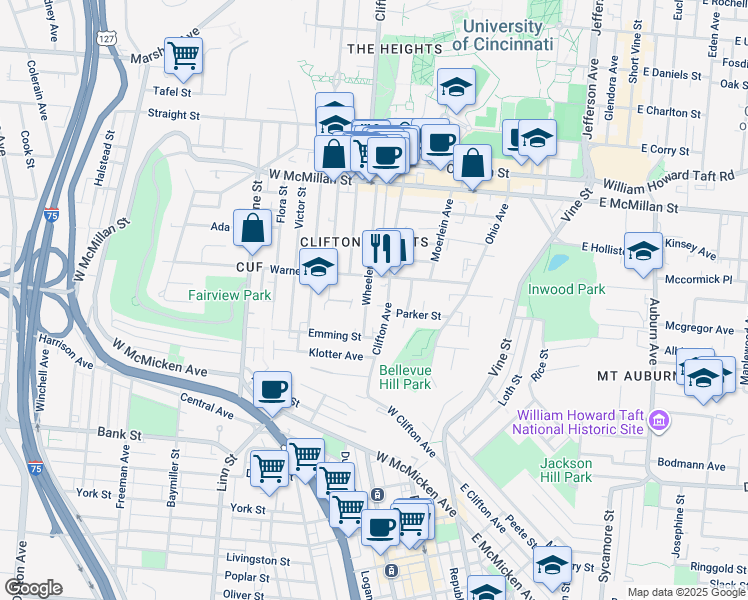 map of restaurants, bars, coffee shops, grocery stores, and more near 2250 Wheeler Street in Cincinnati