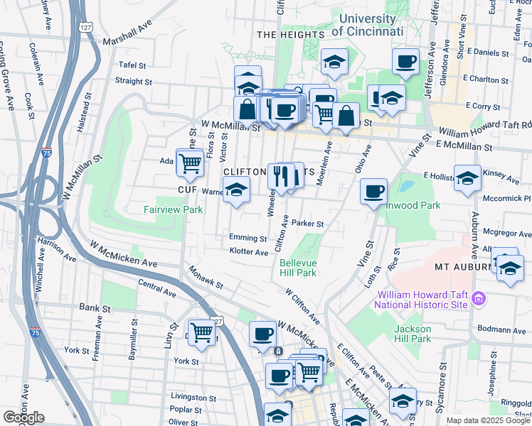 map of restaurants, bars, coffee shops, grocery stores, and more near 2250 Wheeler Street in Cincinnati