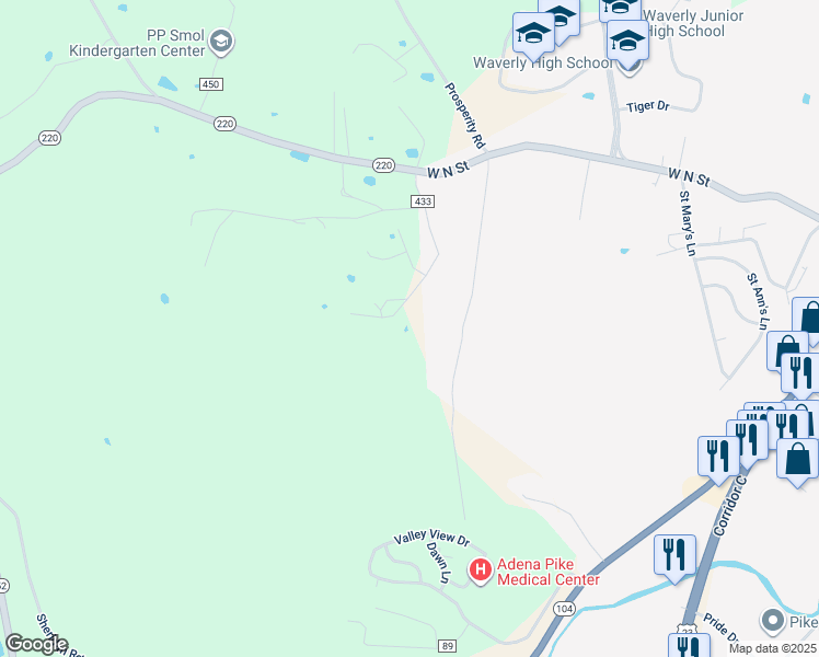 map of restaurants, bars, coffee shops, grocery stores, and more near 343 Estep Road in Waverly