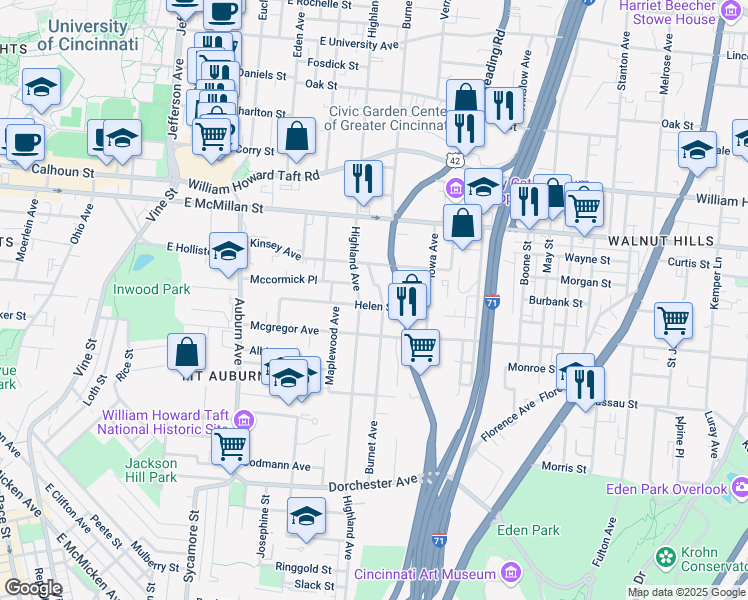 map of restaurants, bars, coffee shops, grocery stores, and more near 2350 Burnet Avenue in Cincinnati