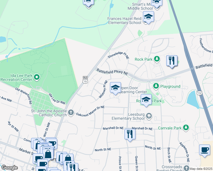map of restaurants, bars, coffee shops, grocery stores, and more near 221 Whitney Place Northeast in Leesburg