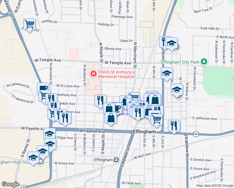 map of restaurants, bars, coffee shops, grocery stores, and more near 403 W St Louis Ave in Effingham