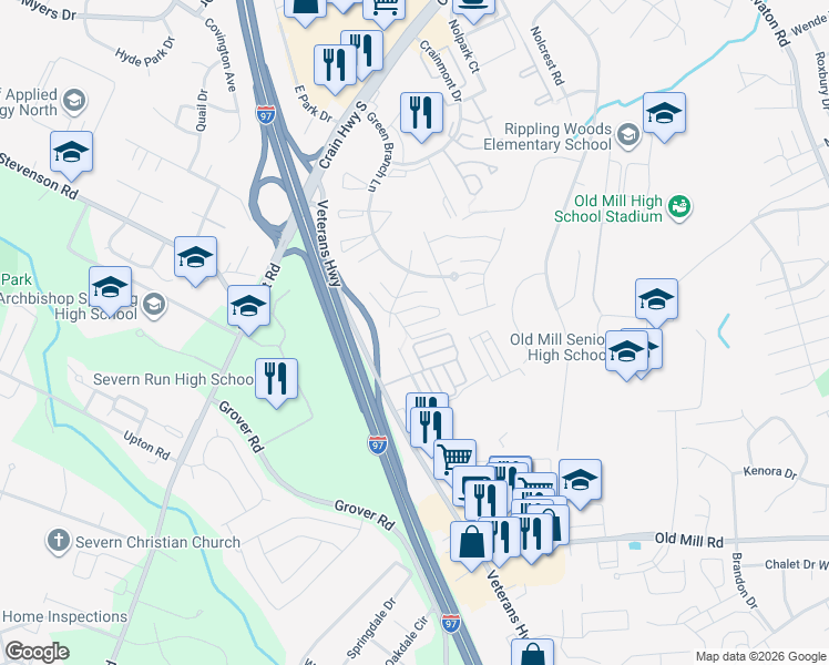 map of restaurants, bars, coffee shops, grocery stores, and more near 602 Leprechaun Lane in Glen Burnie