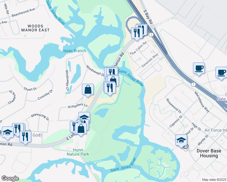 map of restaurants, bars, coffee shops, grocery stores, and more near 250 Gateway South Boulevard in Dover