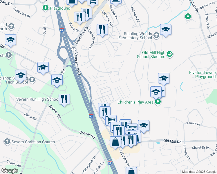 map of restaurants, bars, coffee shops, grocery stores, and more near 630 Leprechaun Lane in Glen Burnie