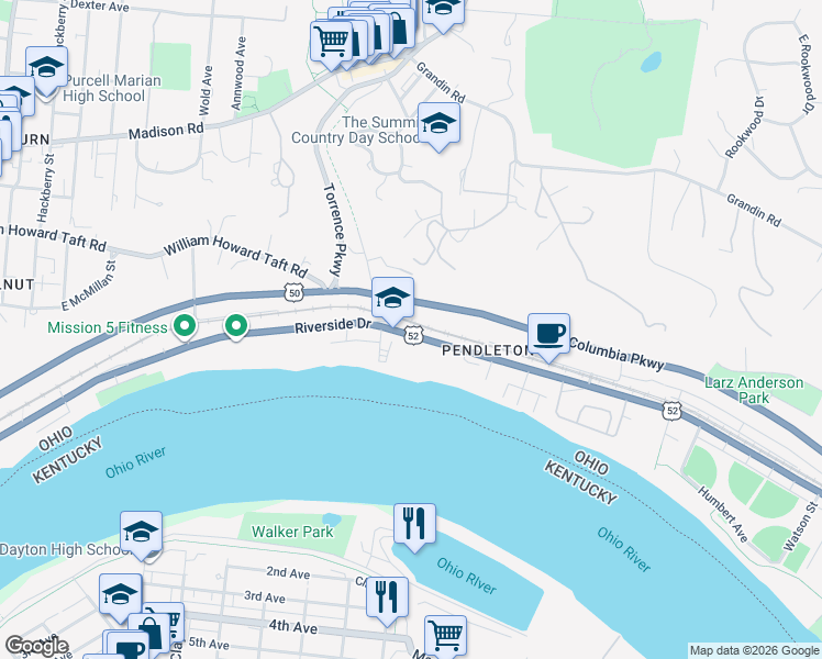 map of restaurants, bars, coffee shops, grocery stores, and more near 2532 Riverside Drive in Cincinnati
