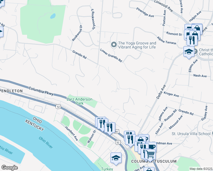 map of restaurants, bars, coffee shops, grocery stores, and more near 2583 Grandin Road in Cincinnati