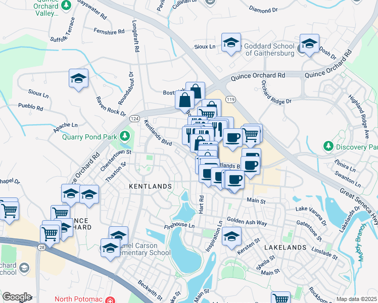 map of restaurants, bars, coffee shops, grocery stores, and more near 7 Booth Street in Gaithersburg