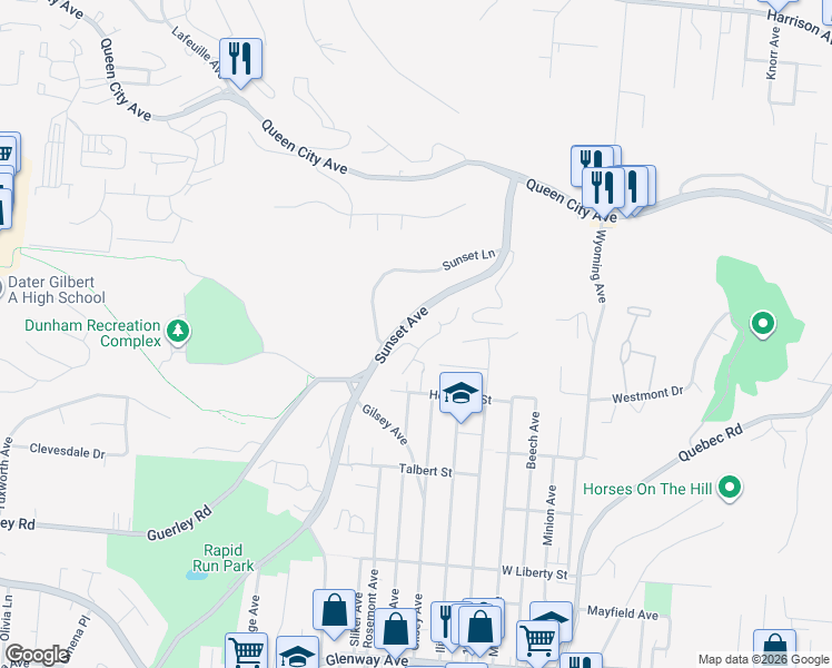 map of restaurants, bars, coffee shops, grocery stores, and more near 1852 Sunset Avenue in Cincinnati