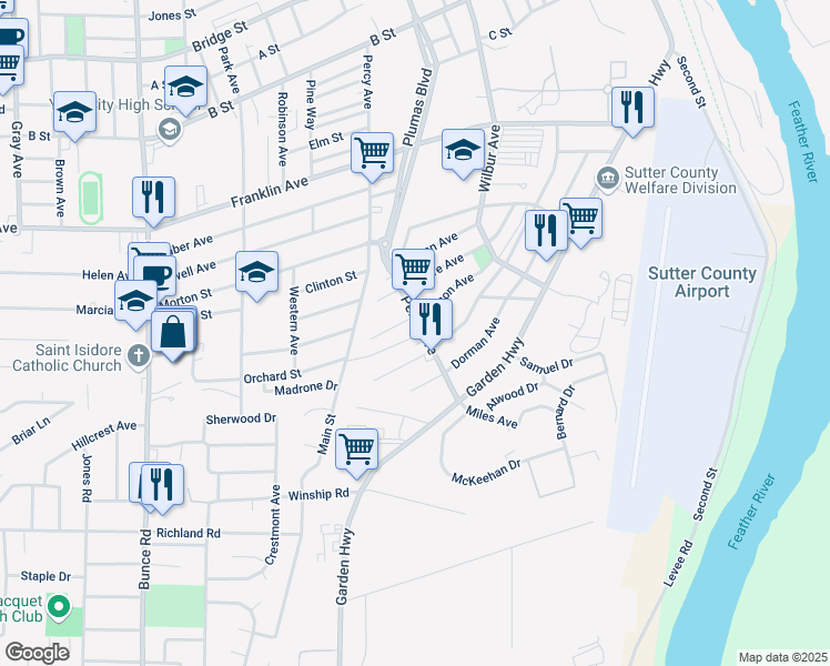 map of restaurants, bars, coffee shops, grocery stores, and more near 146 Percy Avenue in Yuba City