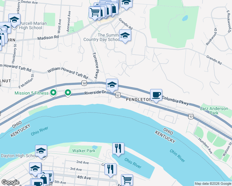 map of restaurants, bars, coffee shops, grocery stores, and more near 2532 Riverside Drive in Cincinnati